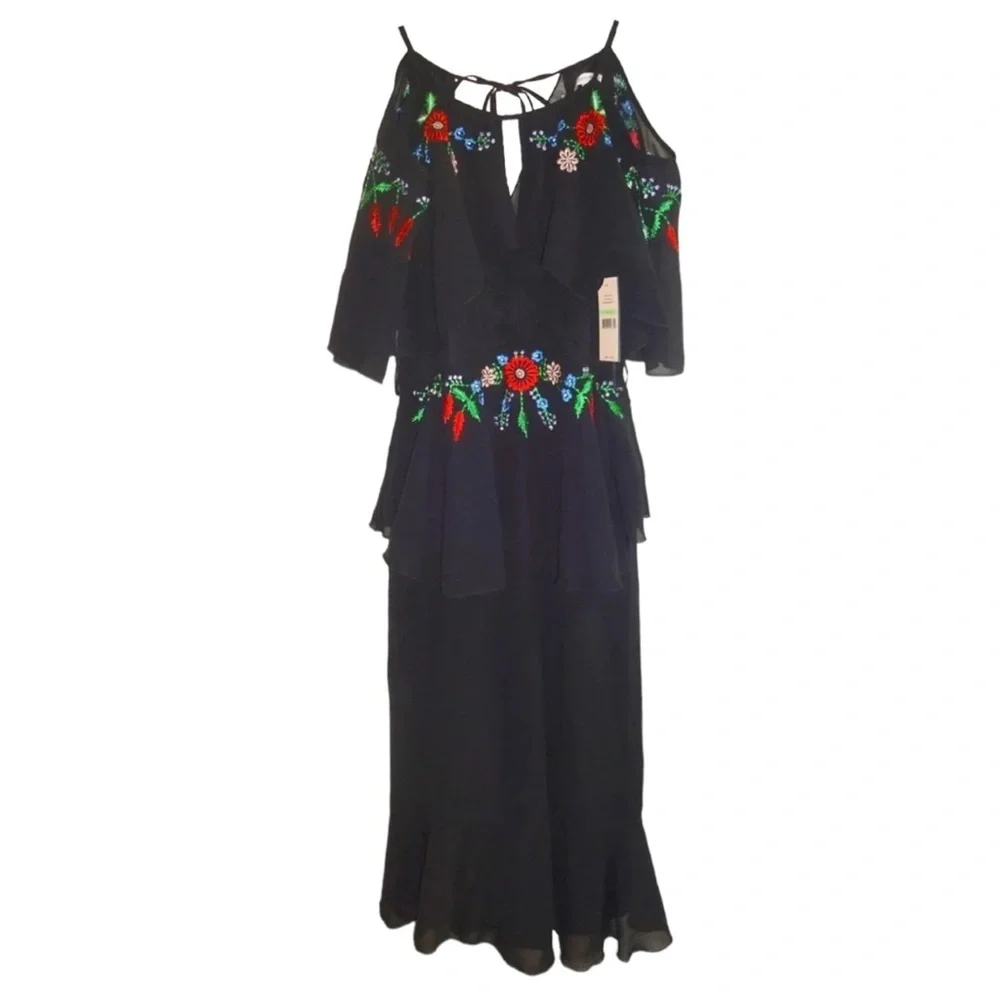 Nanette Lepore Embroidered Midi Dress 8 Black Bold Embroidery Special Occasion - Picture 5 of 11